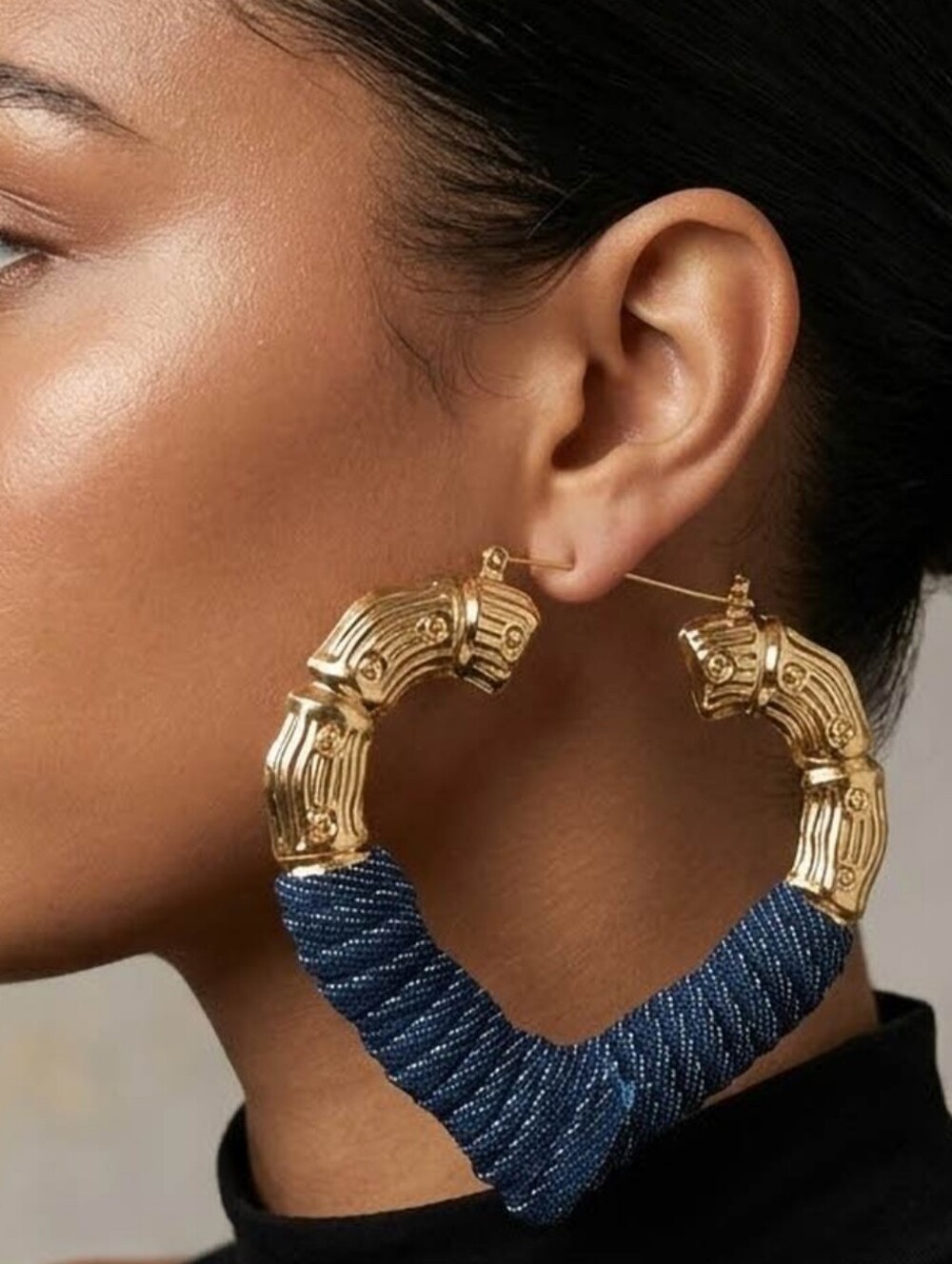 Bold Textured Denim Fabric Wrapped Heart Pin Catch Statement Hoop Earrings